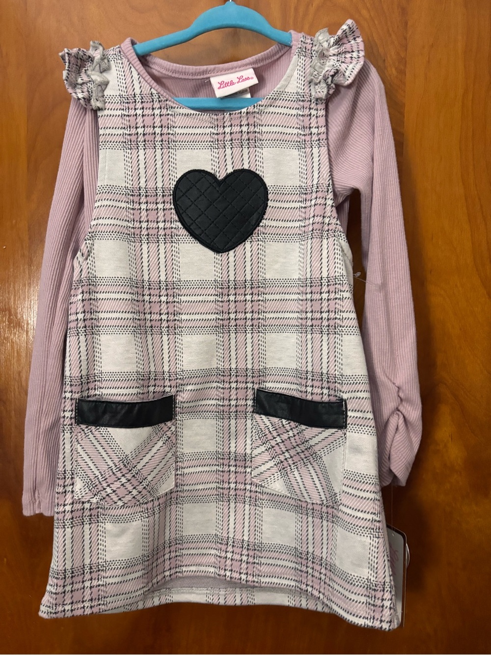 Pink Plaid Heart Pinafore Dress with Long Sleeve Top